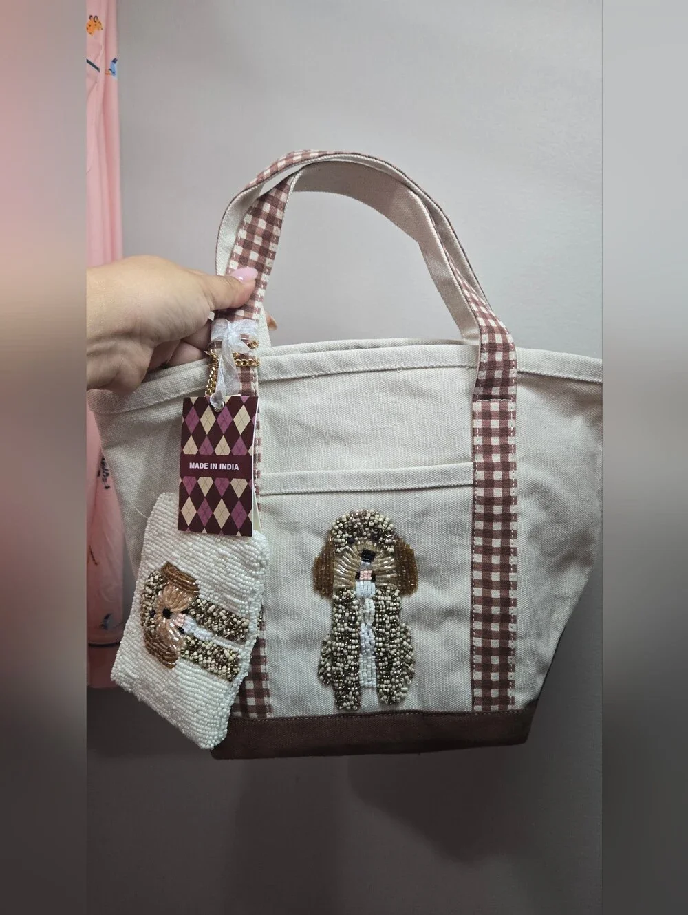 Sold Canvas Tote Bag with Beaded Dog Doodle Motif - Cream & Brown
